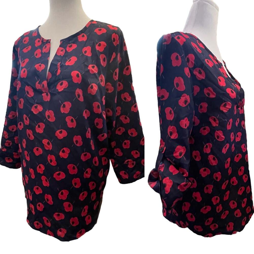 41 Hawthorn Navy and Red Poppy Blouse Popover sz Med 3/4 Sleeves Women's Top